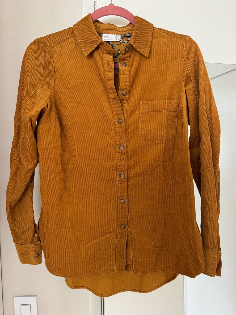 Anthropologie Corduroy Button-Up mustard/rust color w/ contrast floral trim